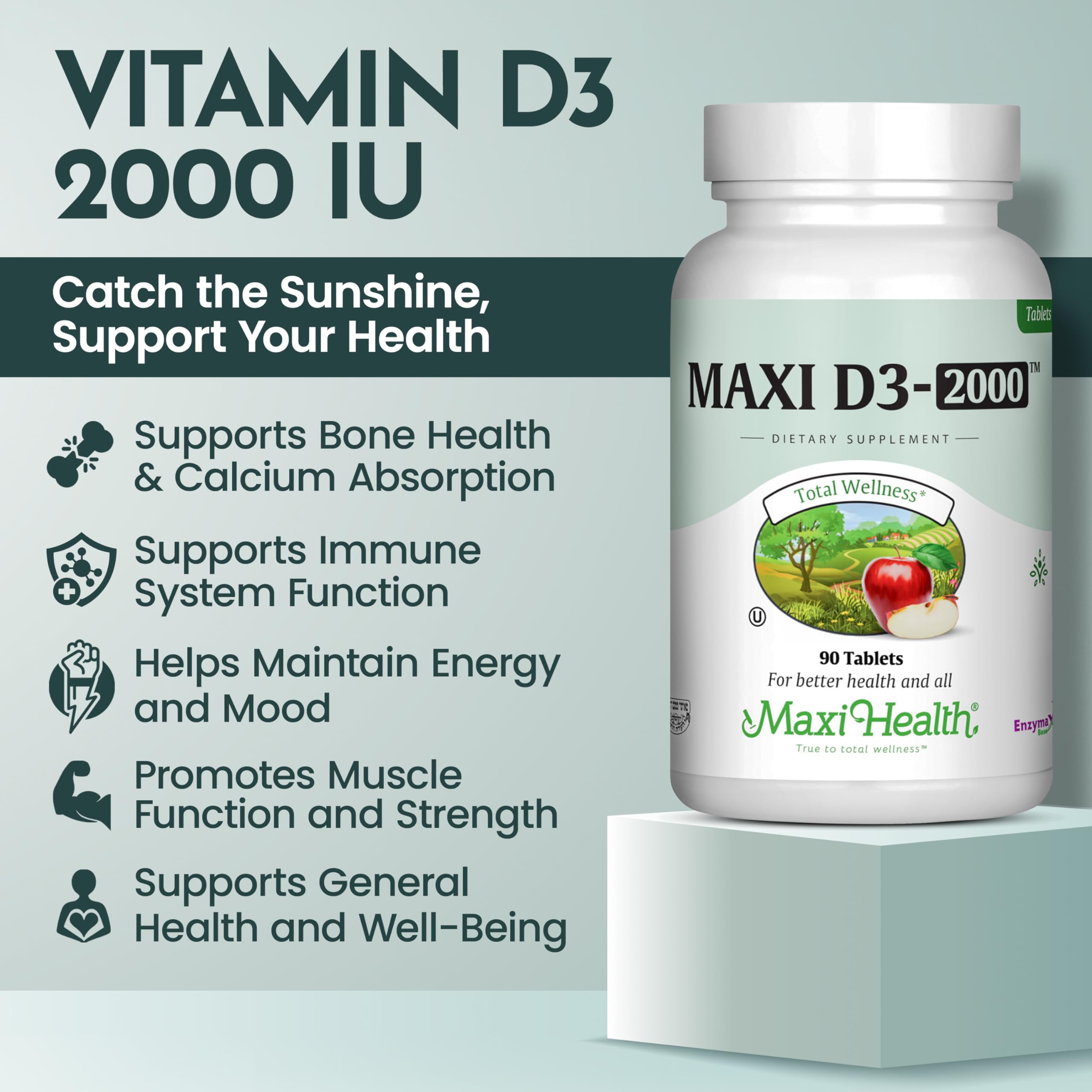 Maxi Health Vitamin D3 bottle displayed for daily bone health maintenance.