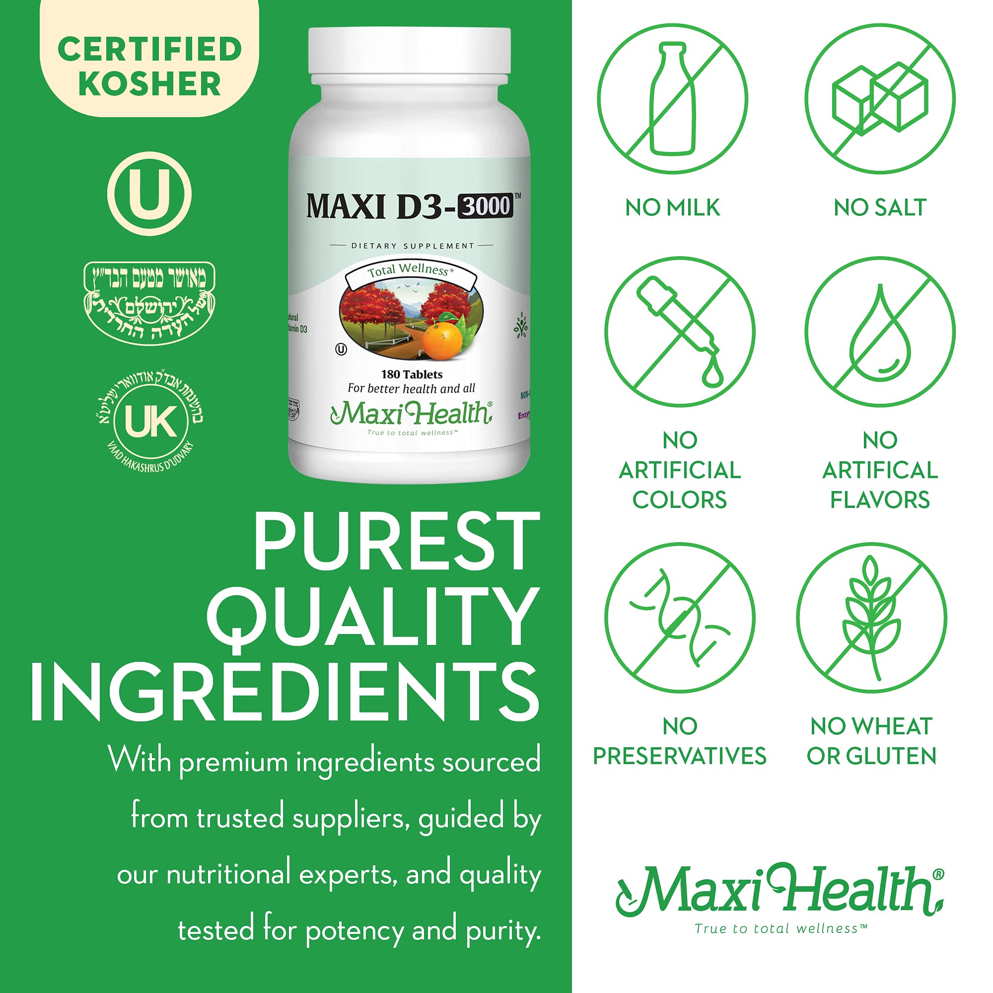 Maxi Health Vitamin D3 3000 IU supplement facts panel informs calcium absorption context.