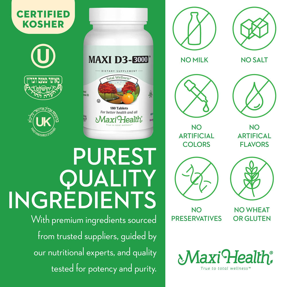 Maxi Health Vitamin D3 3000 IU supplement facts panel informs calcium absorption context.