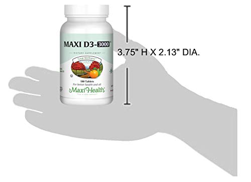 Maxi Health Vitamin D3 3000 IU certification badges showing manufacturing and kosher status.