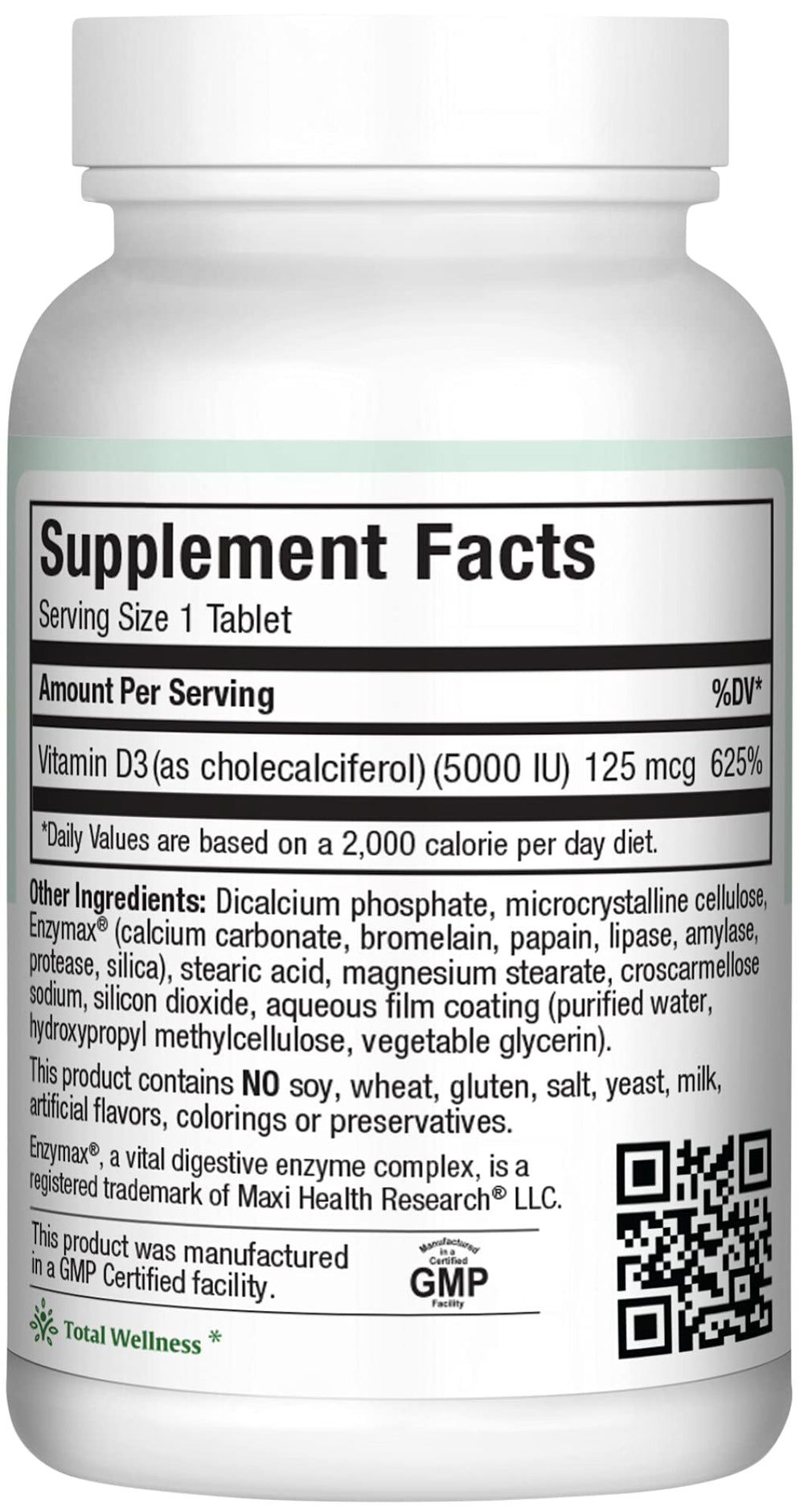 Maxi Health Vitamin D3 5000 IU bottle front emphasizes immune and bone health