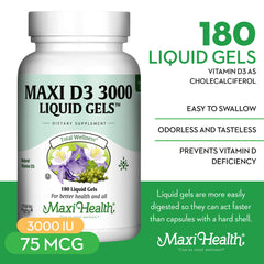 Maxi Health Vitamin D3 liquid gels pouring to show convenient daily use.