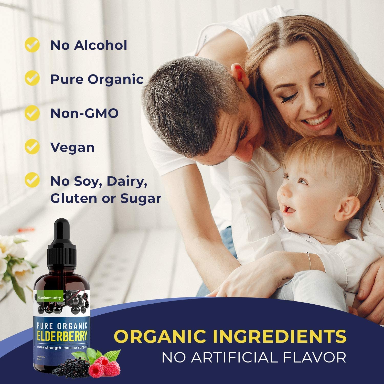 MaxImmunity botella en estante inspira confianza para uso diario familiar.