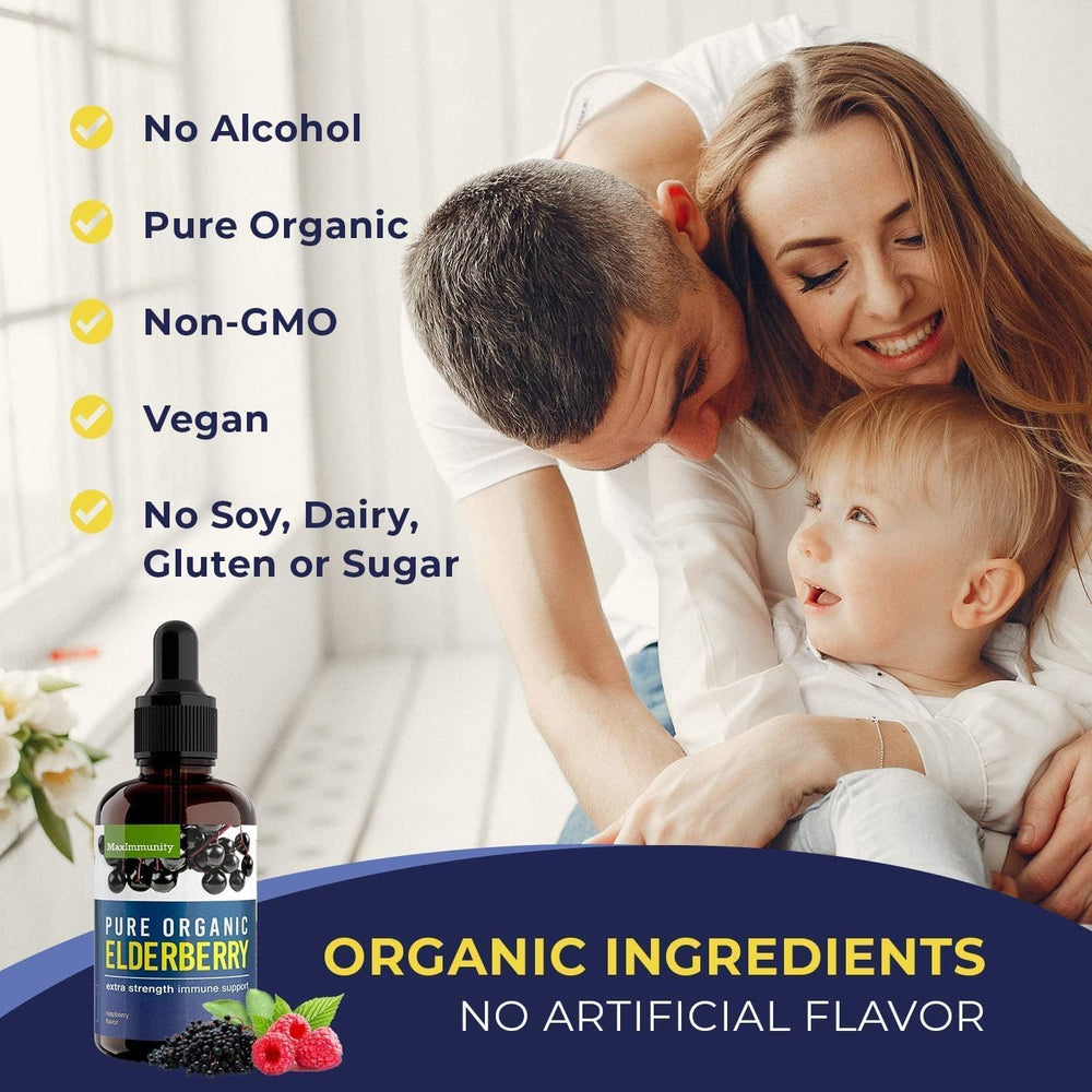 MaxImmunity organic elderberry label closeup reinforces organic ingredients and quality