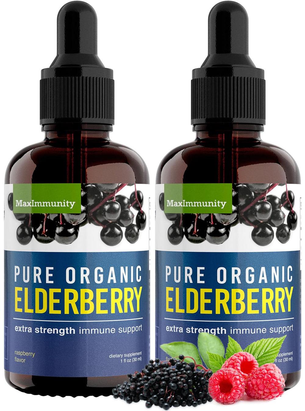 MaxImmunity Organic Elderberry Syrup bottle closeup showcasing premium formulation for daily support