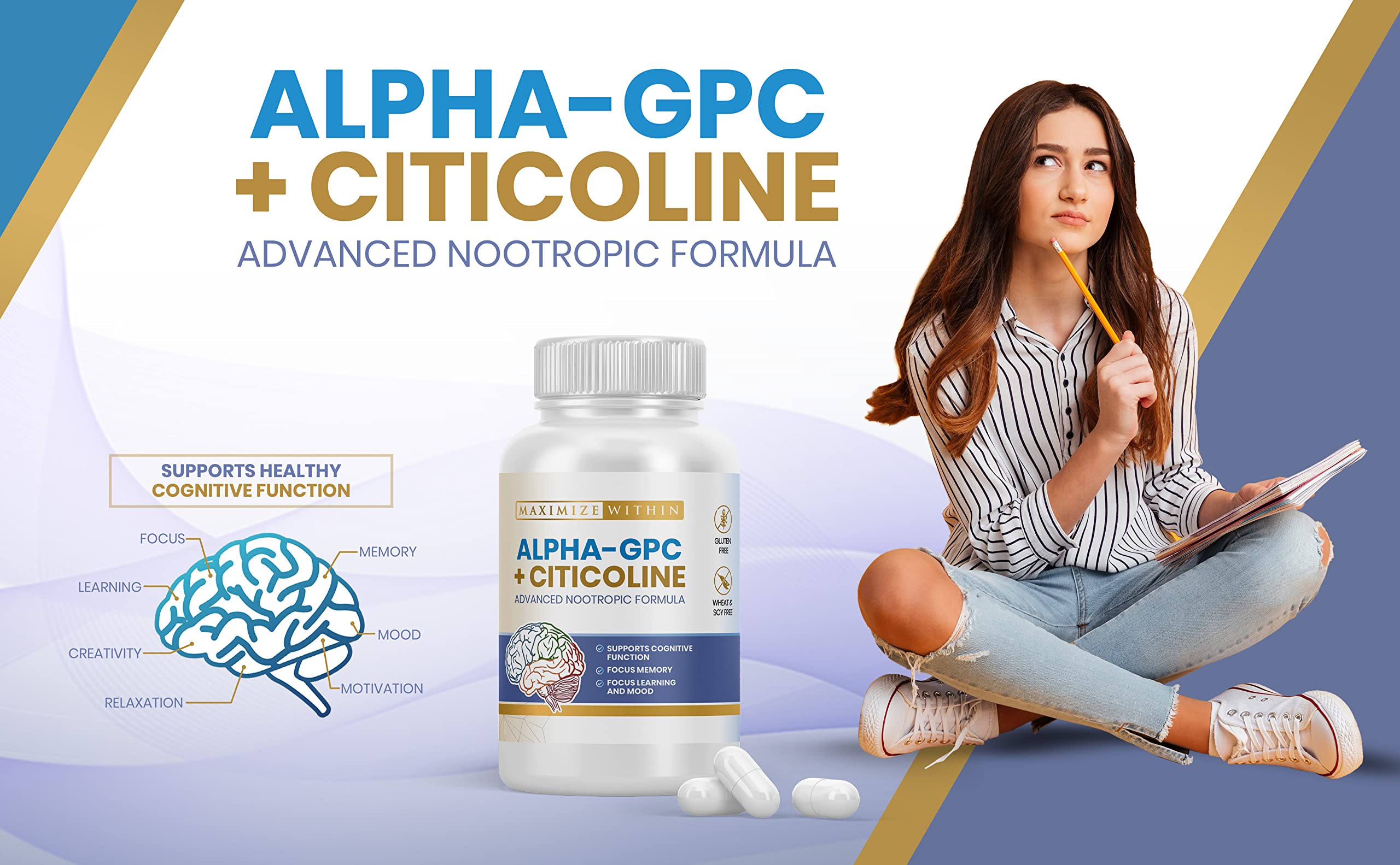 Side view of Maximize Within Alpha GPC + Citicoline bottle highlights easy daily dose