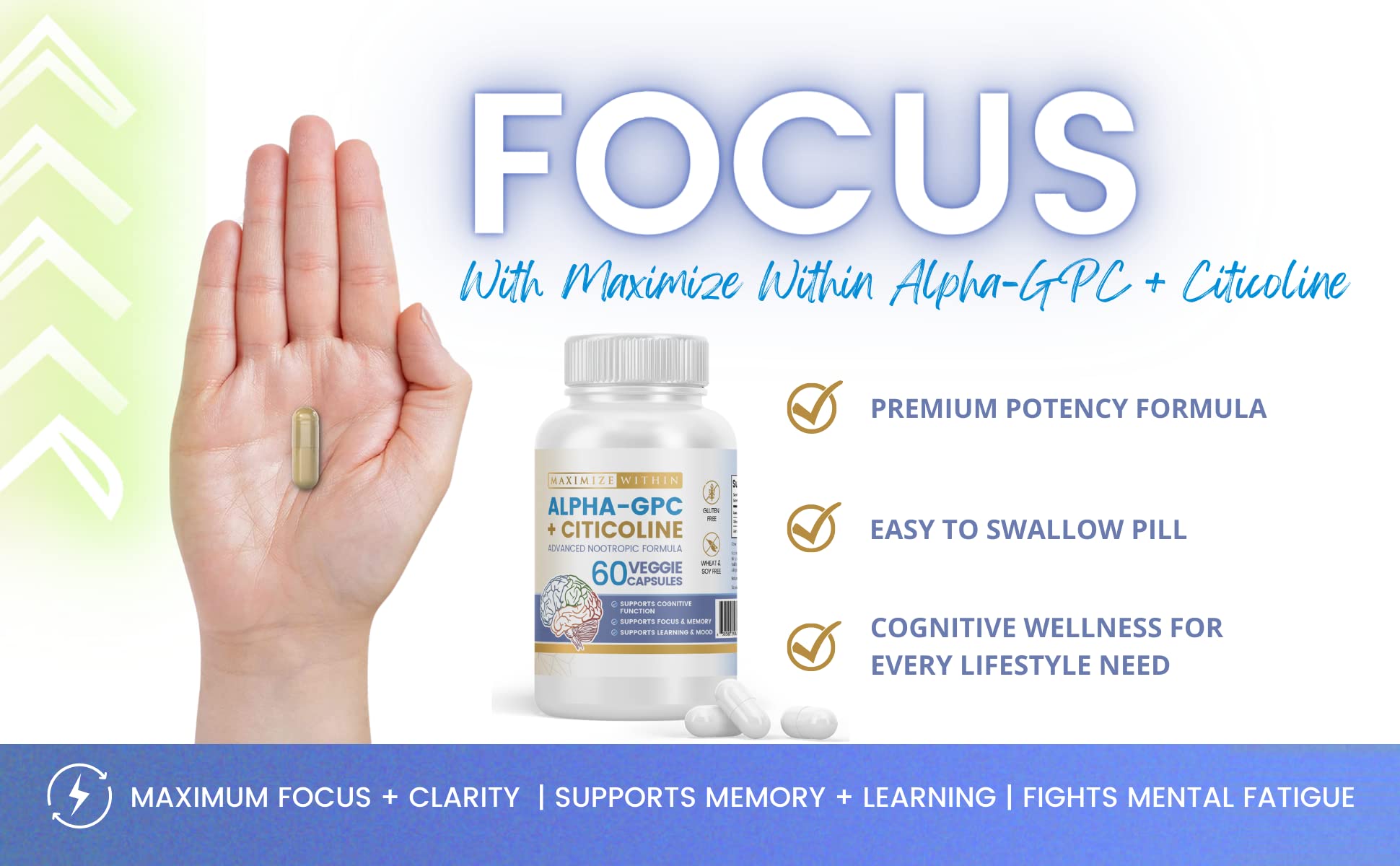 Top view of Maximize Within Alpha GPC + Citicoline bottle emphasizes freshness seal