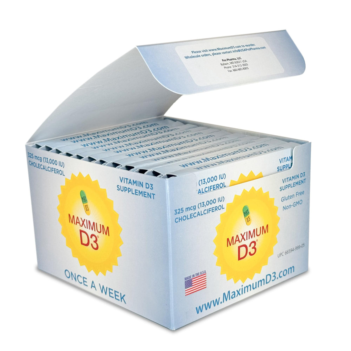 Maximum D3 box front view highlighting weekly vitamin D3 supply