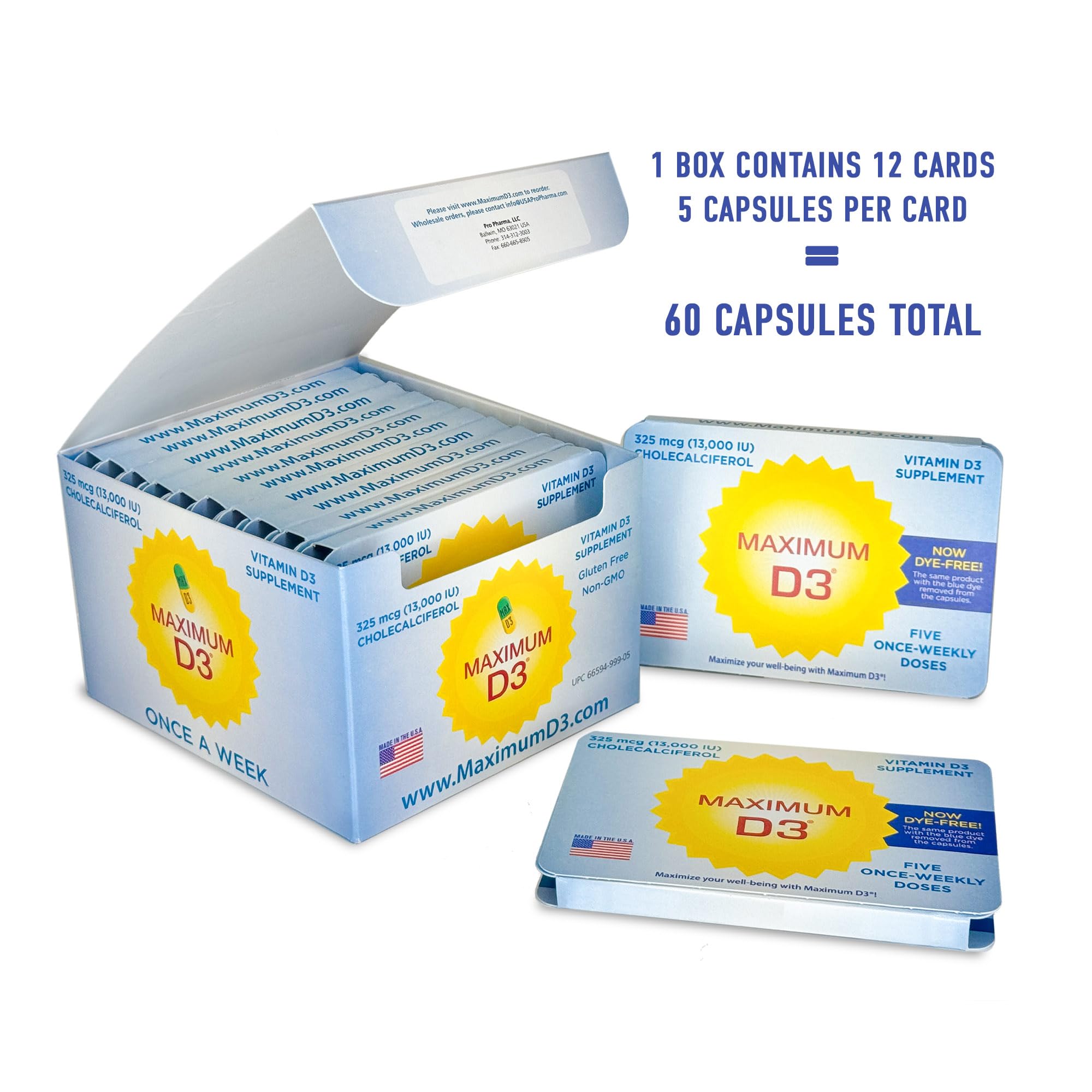 Maximum D3 box side view showing packaging details and dosing