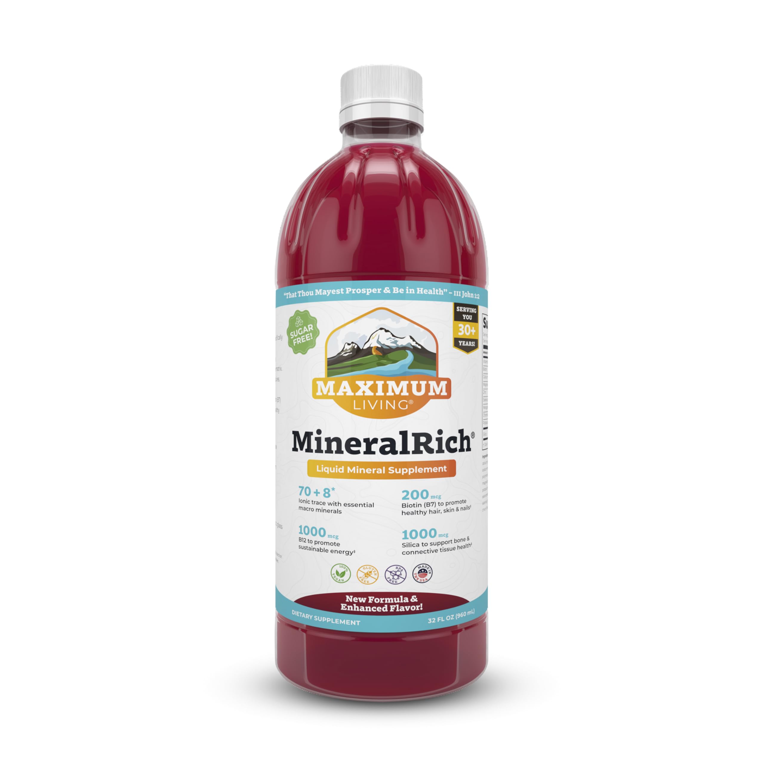 Maximum Living MineralRich bottle pour demonstrates convenient daily mineral intake.