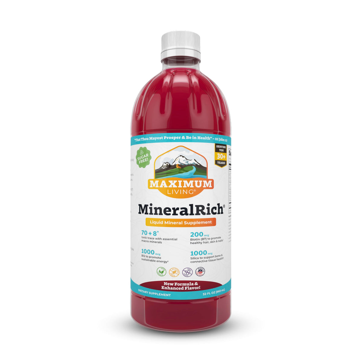 Maximum Living MineralRich bottle pour demonstrates convenient daily mineral intake.