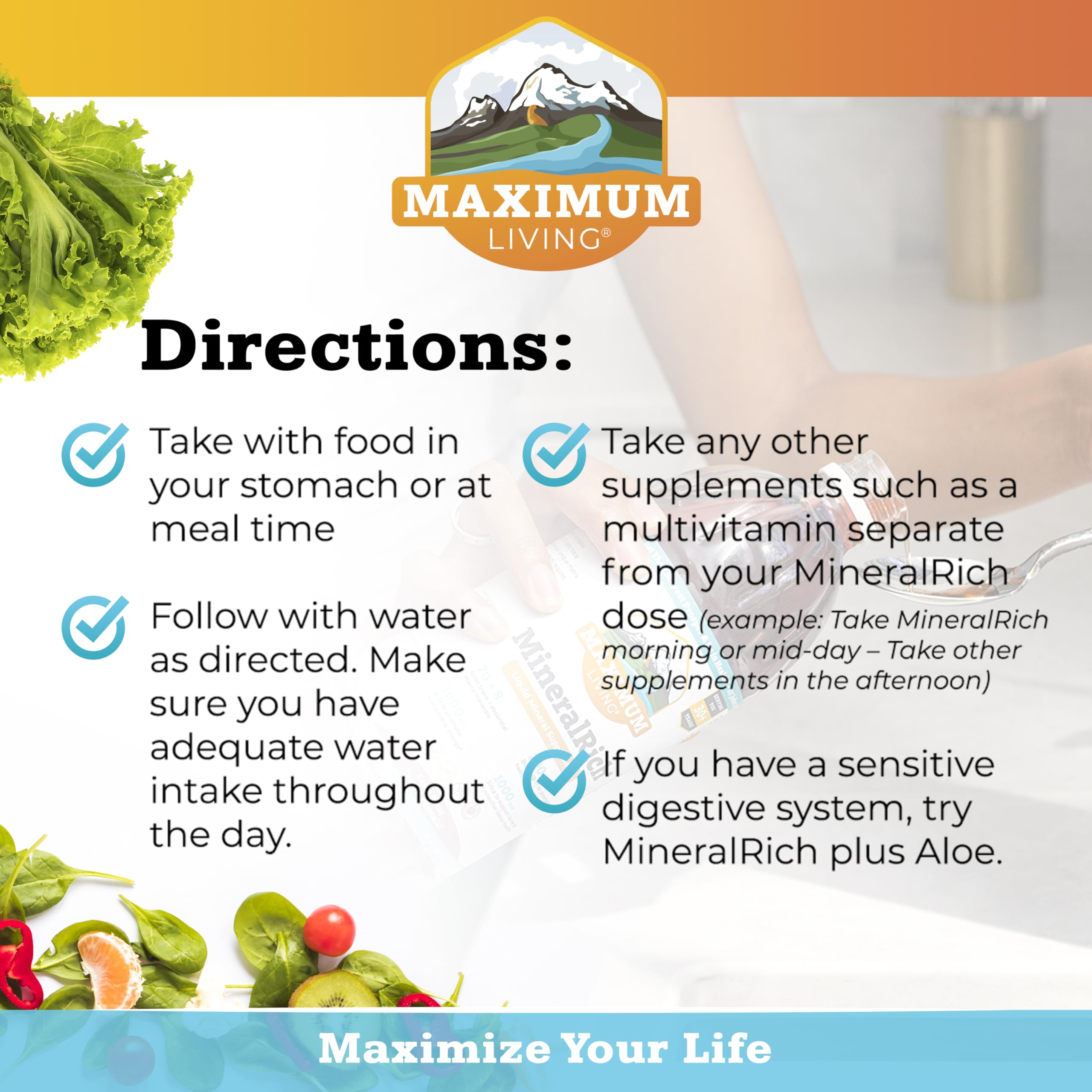 Maximum Living MineralRich ingredients panel showcases macro minerals and trace minerals.