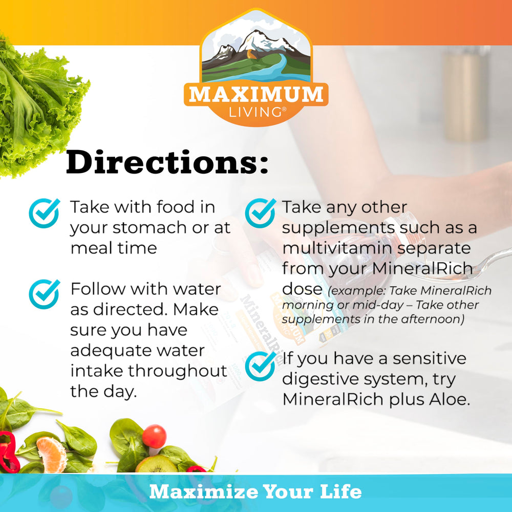 Maximum Living MineralRich ingredients panel showcases macro minerals and trace minerals.