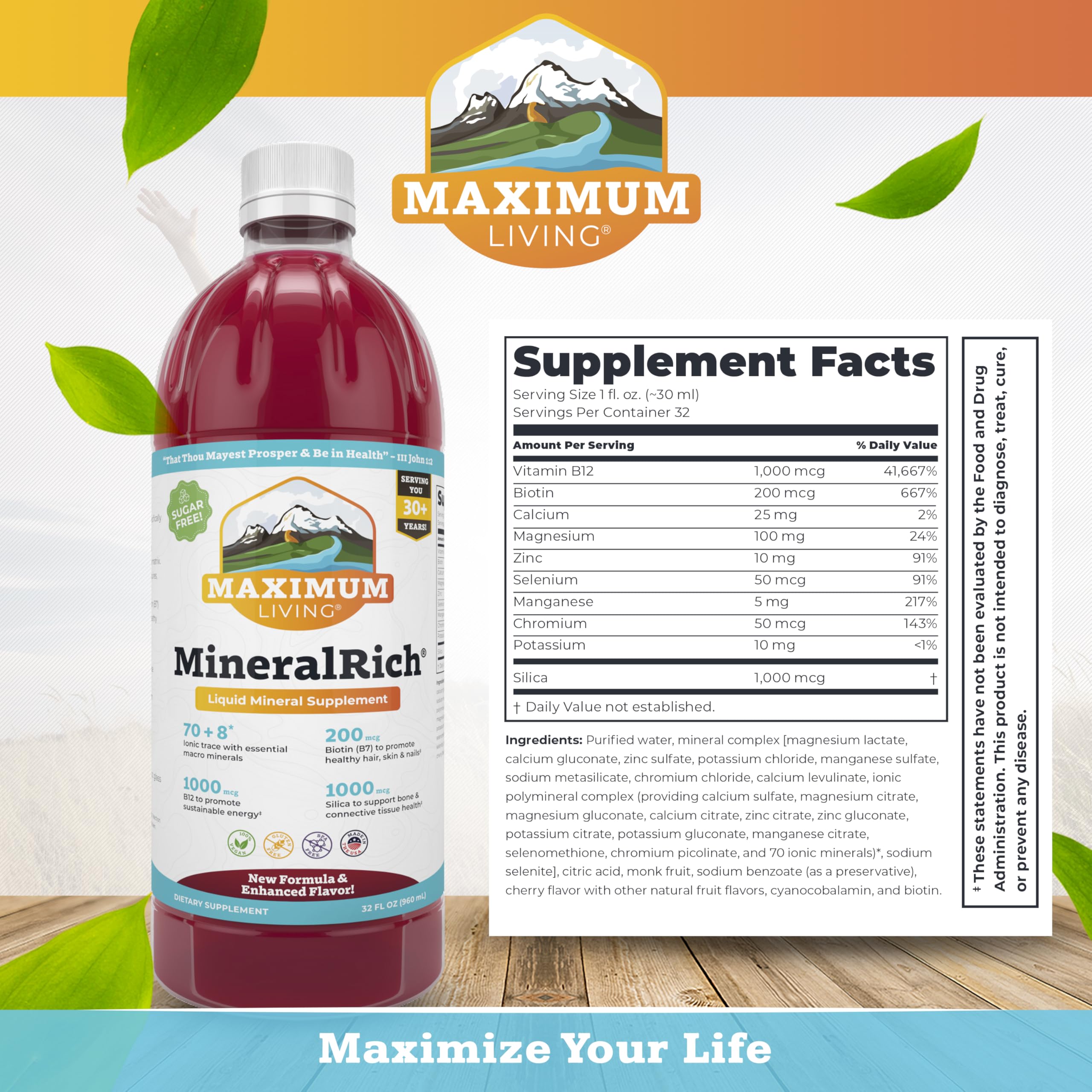 Maximum Living MineralRich label closeup highlights 70+ minerals and sugar-free formula.