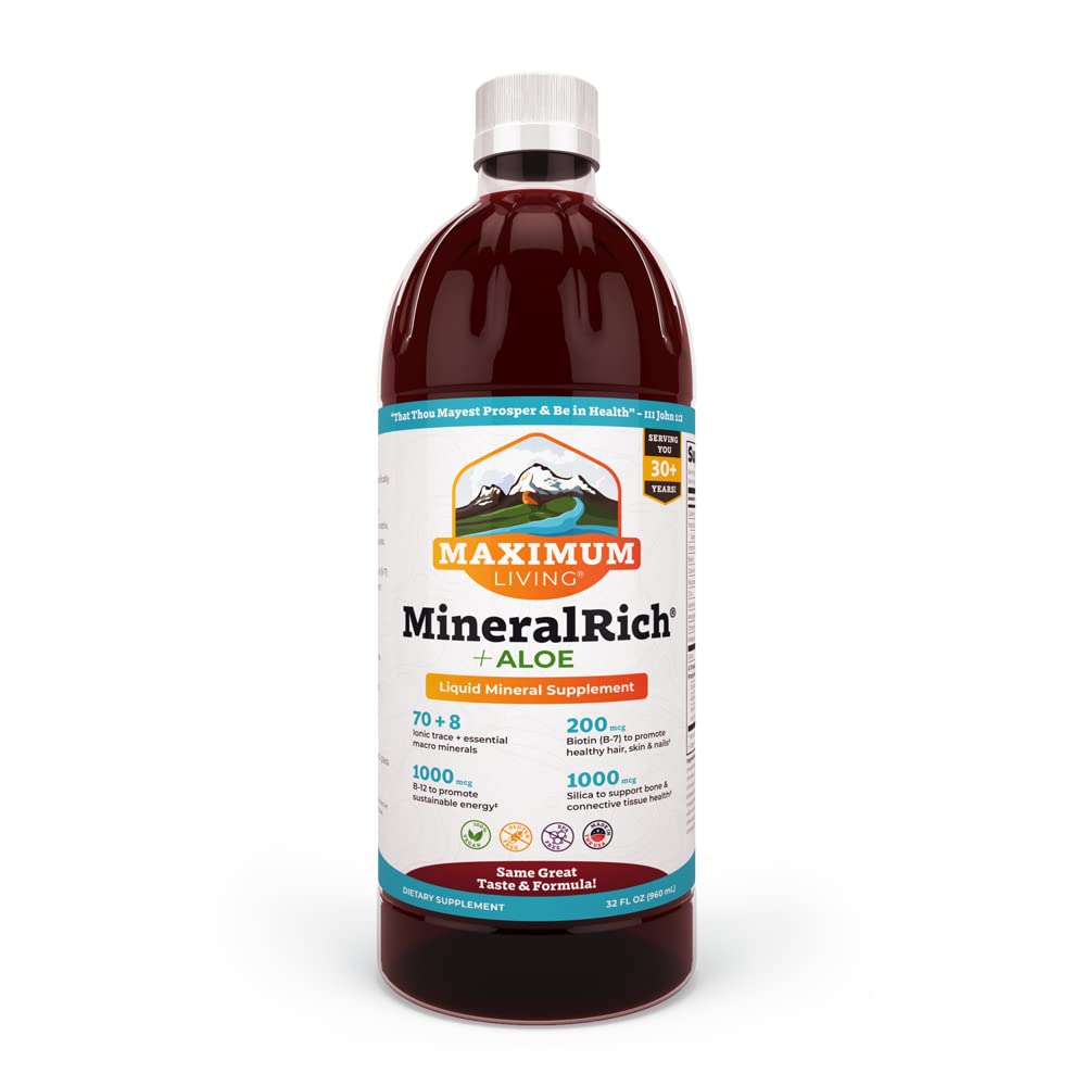 Maximum Living MineralRich bottle—vivid liquid blend for daily wellness.