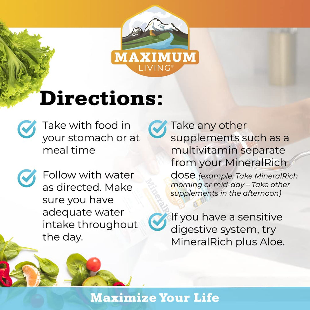 Maximum Living MineralRich digestive-system graphic suggests gut support.