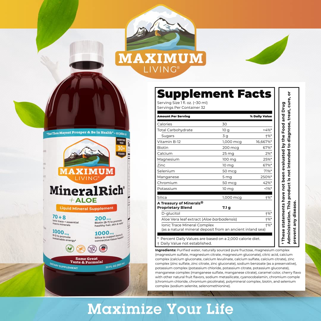Maximum Living MineralRich ingredients panel highlights silica, biotin, and B-12.