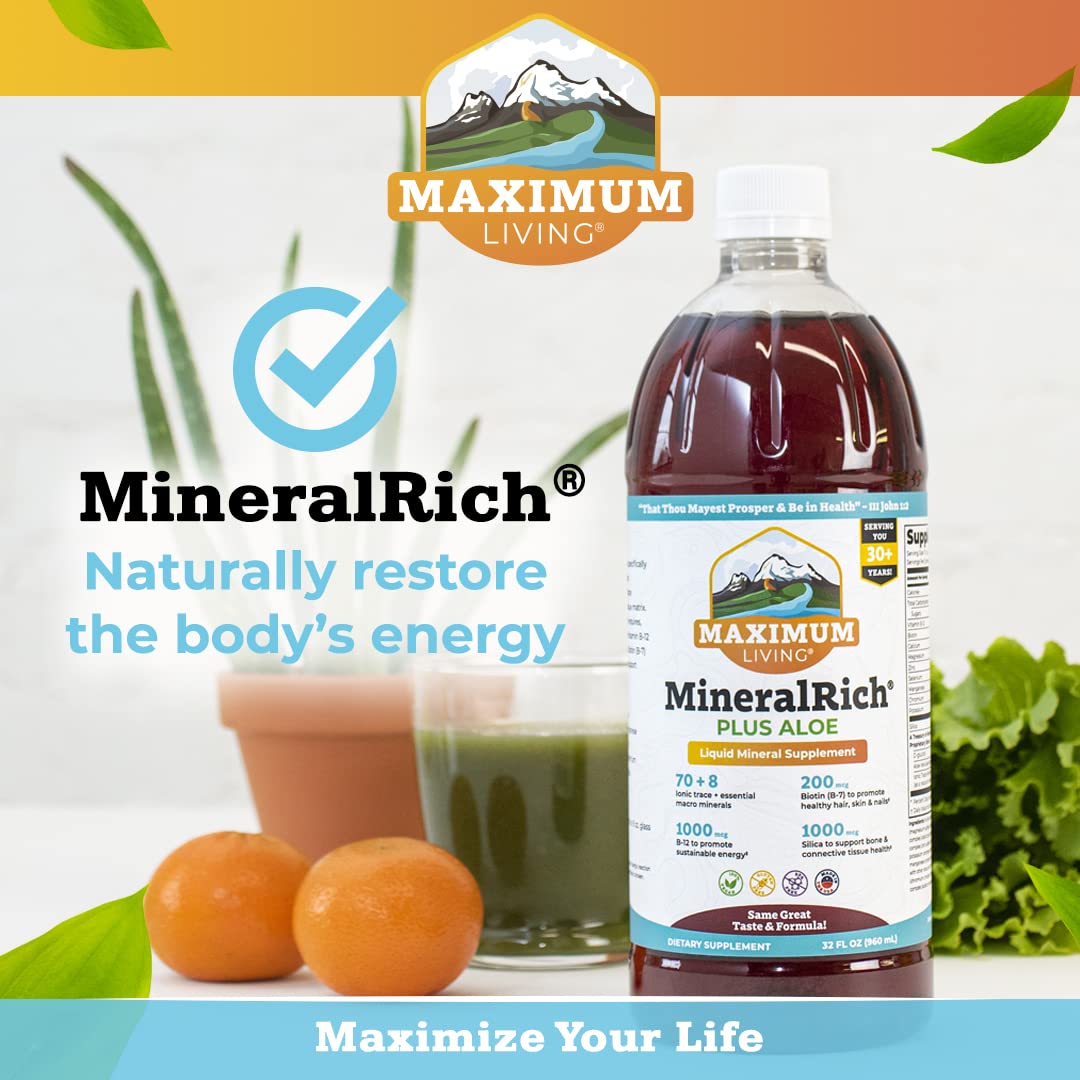 Maximum Living MineralRich packaging emphasizes aloe and hydration benefits.