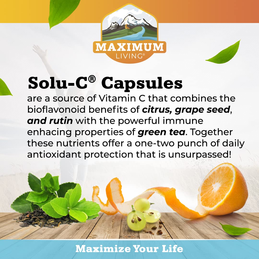 Maximum Living Solu-C bottle with label, emphasizing premium ingredients