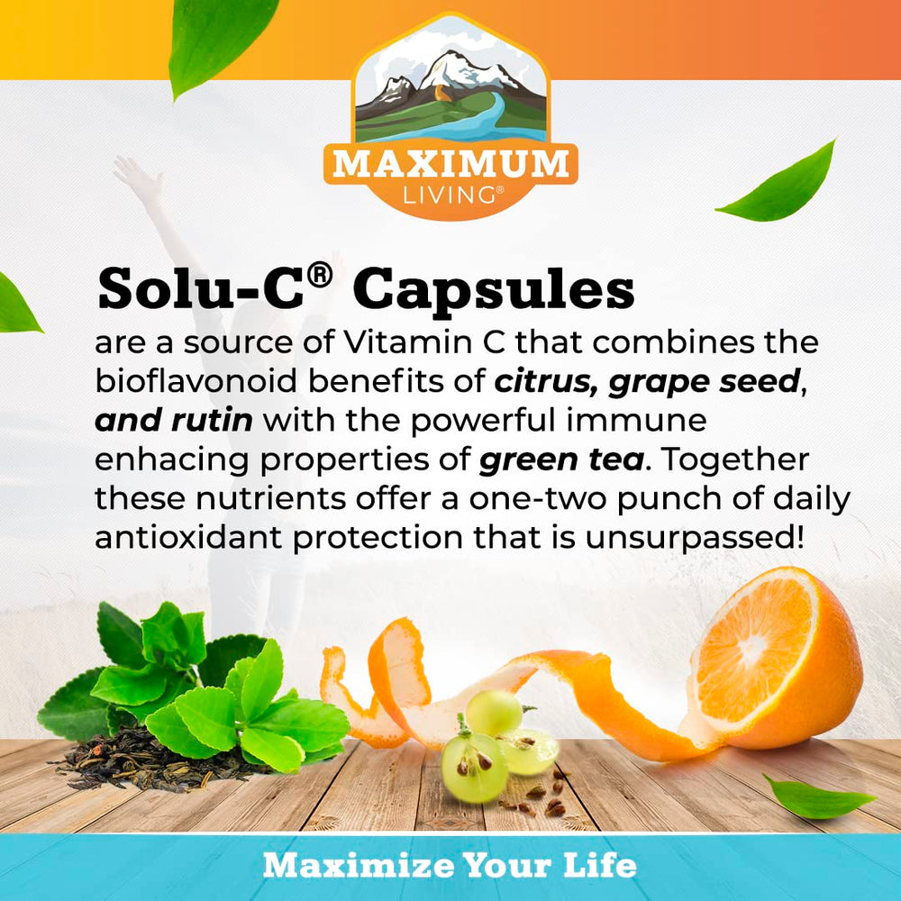 Maximum Living Solu-C bottle with label, emphasizing premium ingredients