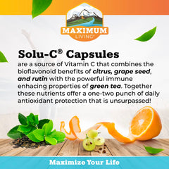 Maximum Living Solu-C bottle with label, emphasizing premium ingredients