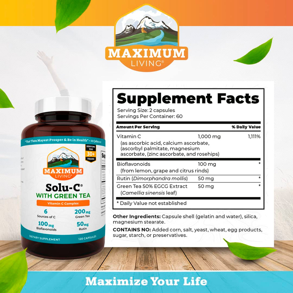 Maximum Living Solu-C capsules close-up showing vitamin C and bioflavonoids
