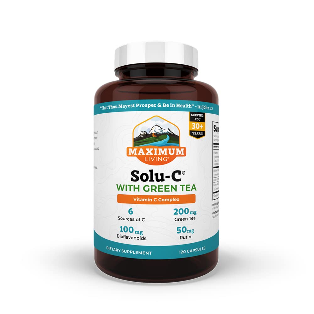 Maximum Living Solu-C bottle with green tea highlights vitamin C and bioflavonoids