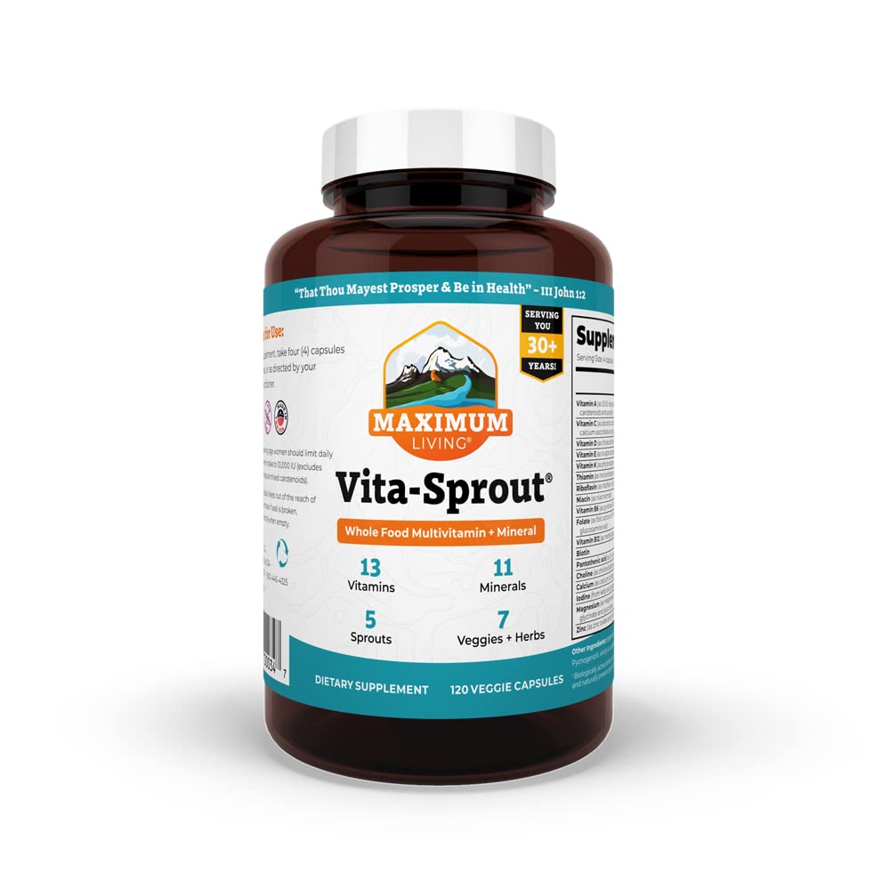 Maximum Living Vita-Sprout bottle with capsules, illustrating vegan multivitamin benefits.