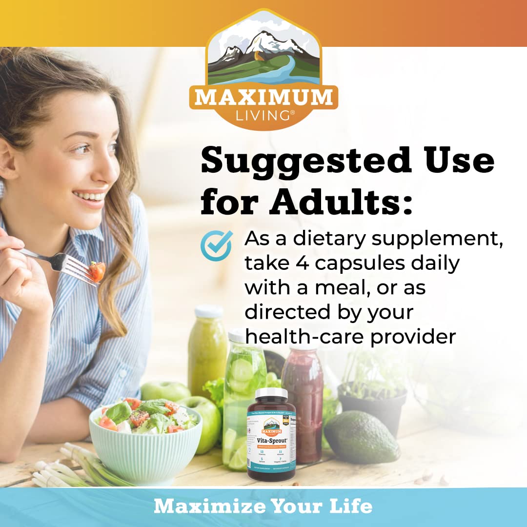 Maximum Living Vita-Sprout capsules, highlighting Vitamin B12 and phytonutrients for daily wellness.