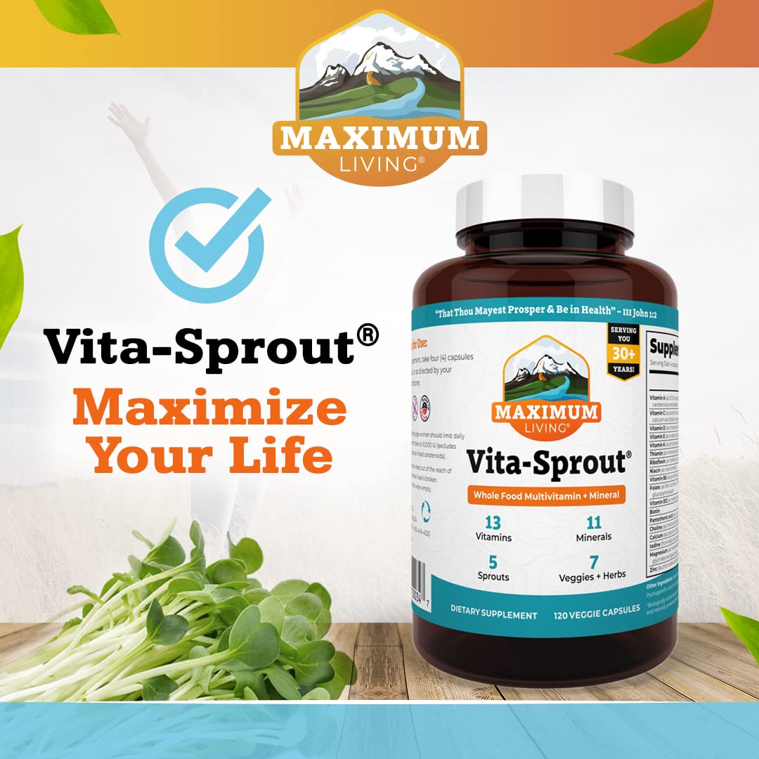 Maximum Living Vita-Sprout capsules plated with vegetables to convey whole-food nutrition.