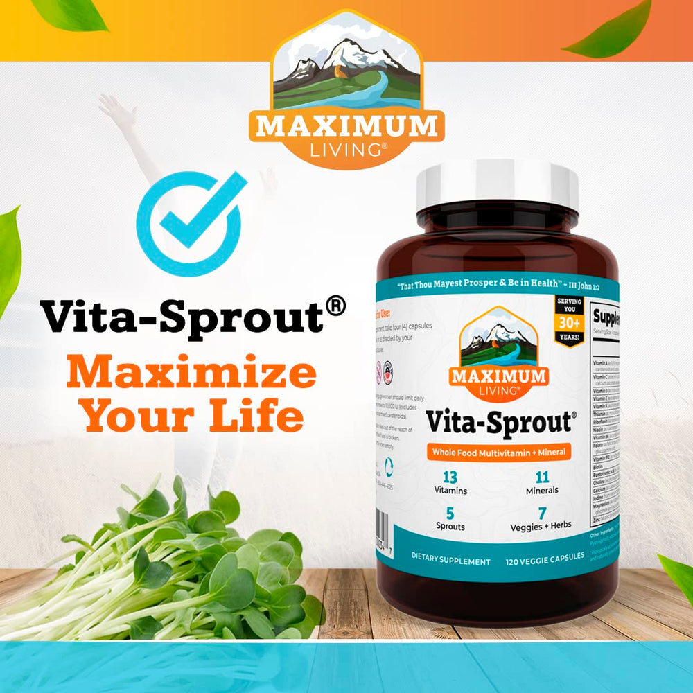 Maximum Living Vita-Sprout capsules plated with vegetables to convey whole-food nutrition.