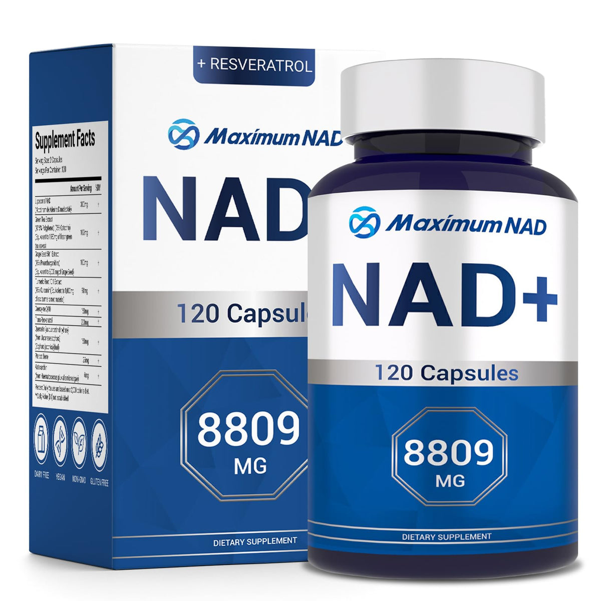 Maximum NAD bottle label highlights liposomal NAD and resveratrol for daily wellness.