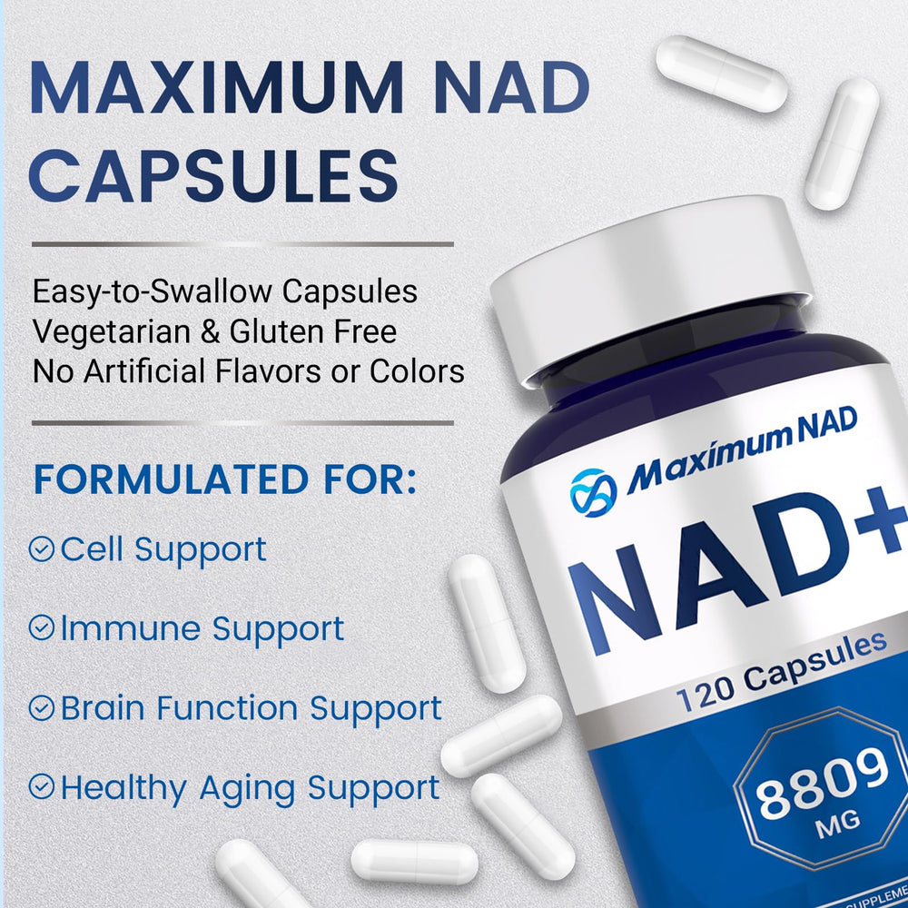 Maximum NAD capsules image emphasizes a simple, daily dosage for ongoing use.