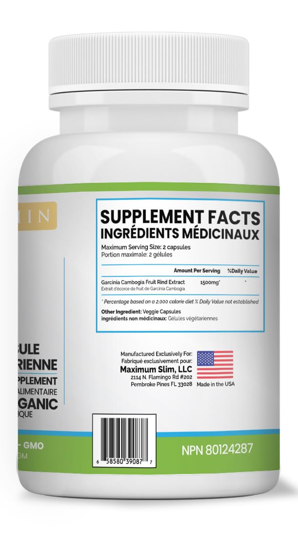 Maximum Slim ingredient label shows non-GMO, gluten-free formulation for mindful diets.