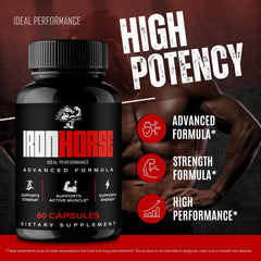 Maximum-strength Iron Horse capsules presented for daily energy and stamina.