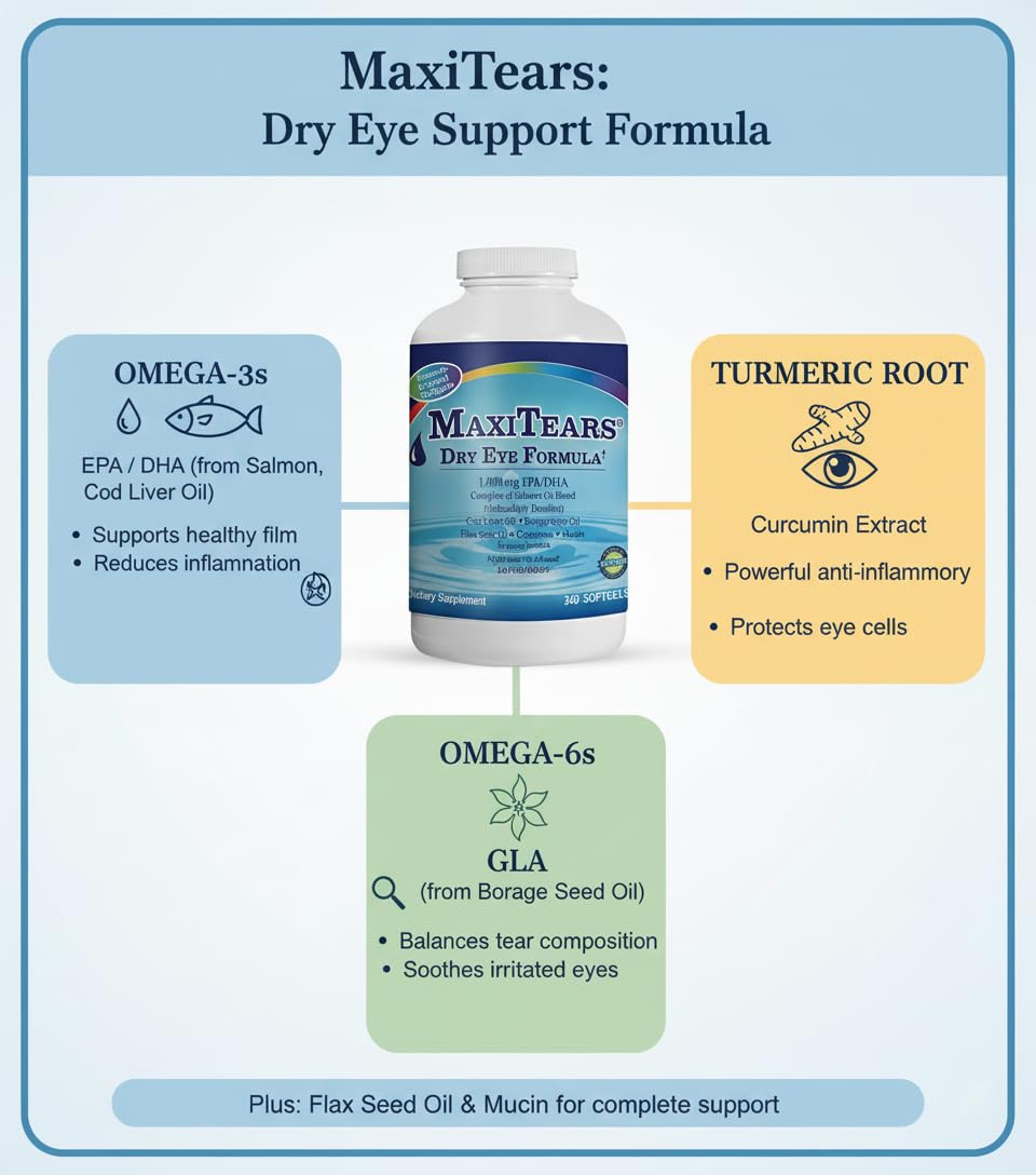 MaxiTears 360-count bottle label showing doctor-recommended formulation and purity