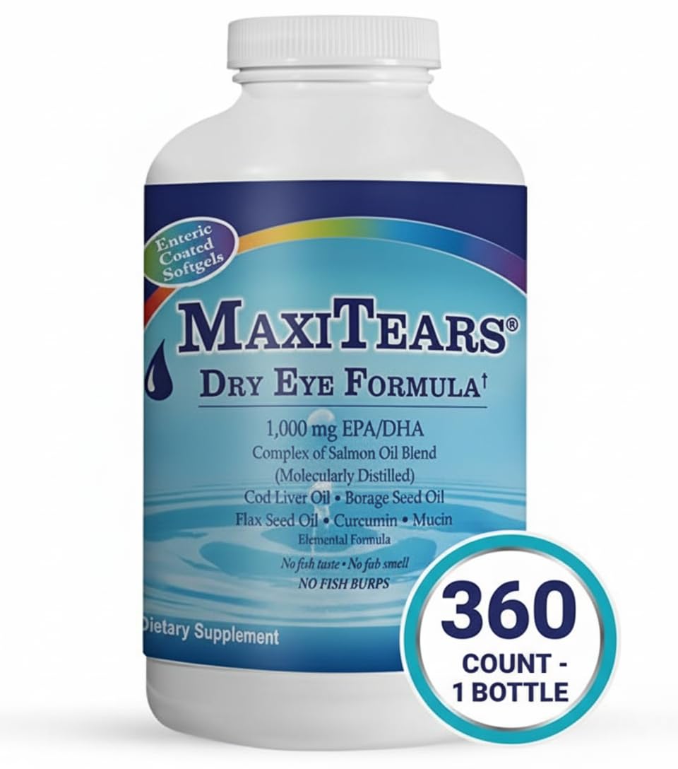 MaxiTears dry eye softgels inside bottle for convenient daily supplementation