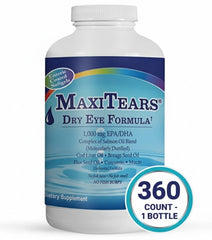 MaxiTears dry eye softgels inside bottle for convenient daily supplementation