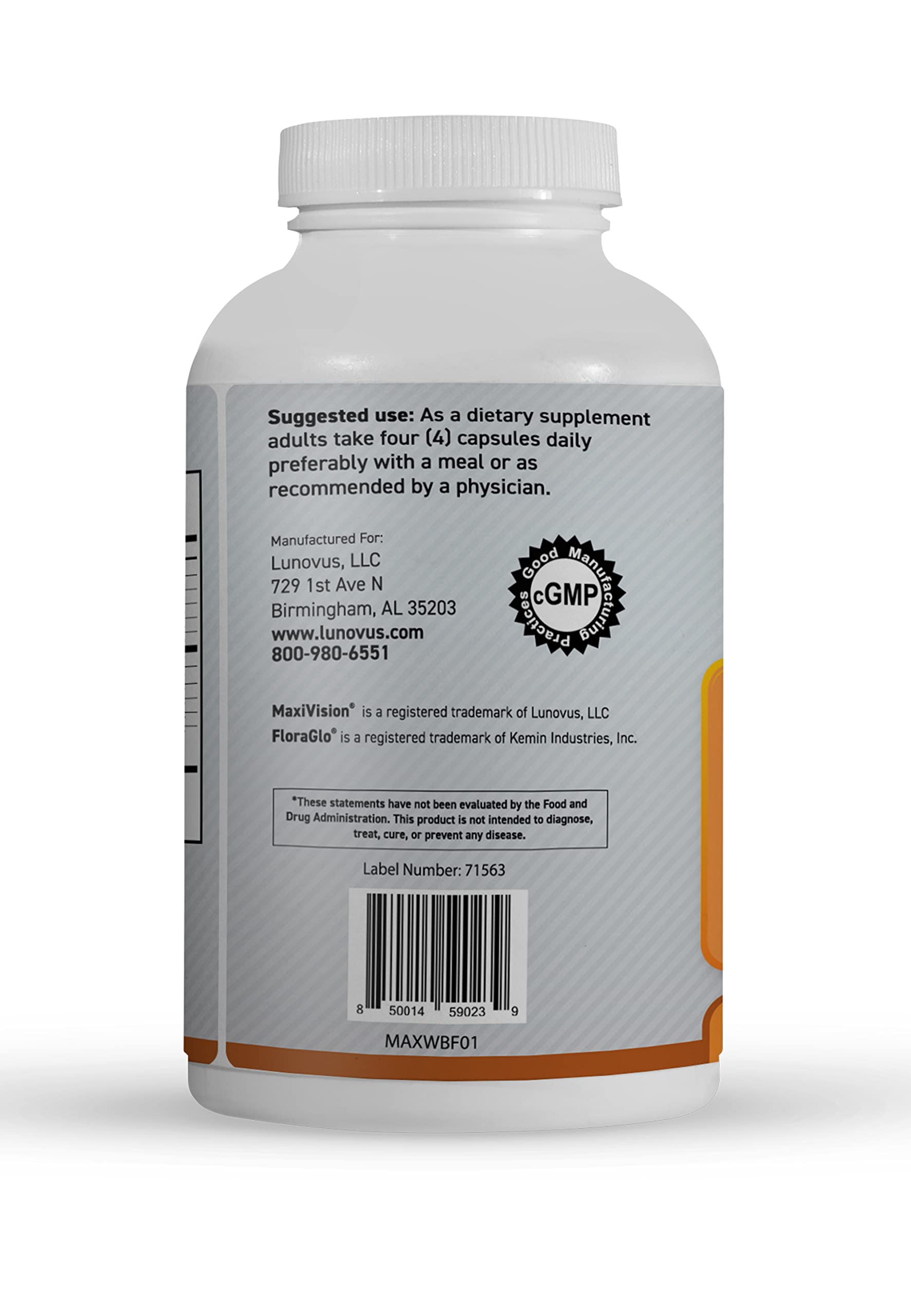  MaxiVision AREDS2 bottle back label highlights nutrient blend for eye support.