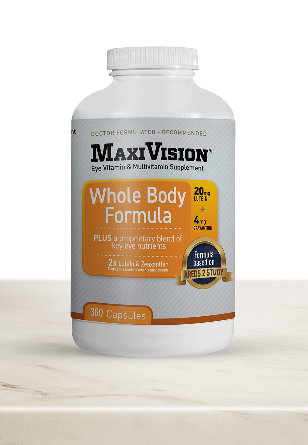 MaxiVision AREDS2 bottle highlighting lutein and zeaxanthin for macular pigment support.