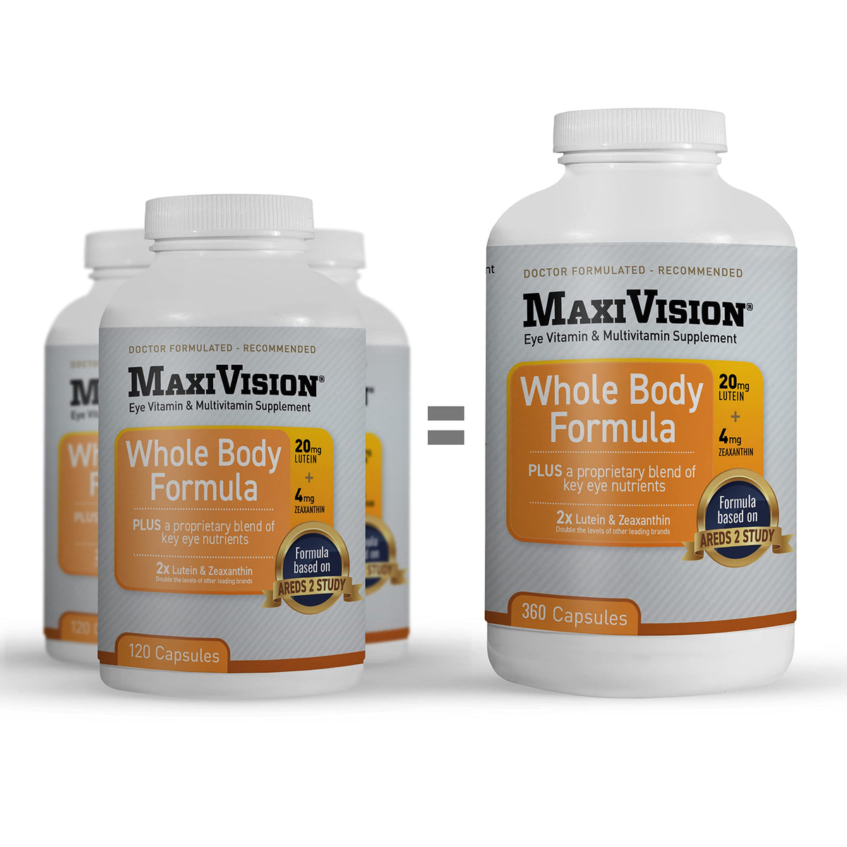 MaxiVision AREDS2 whole body bottle showing 360 capsules for everyday eye nutrition.