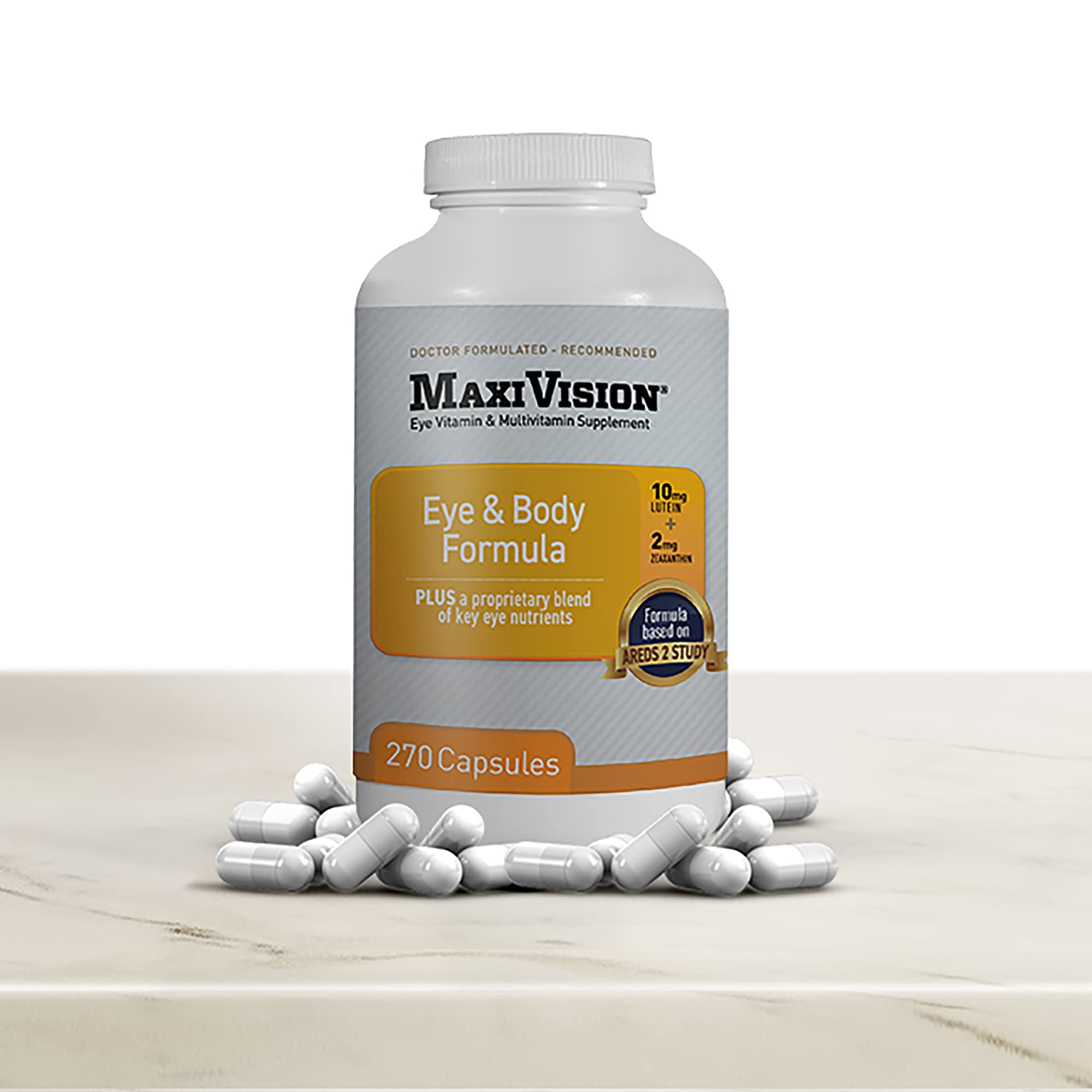 MaxiVision bottle close-up shows zinc content for comprehensive vitamin support