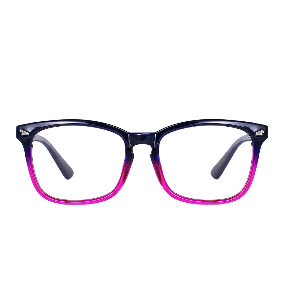 MAXJULI blue light blocking glasses in purple gradient pink, close-up for eye comfort