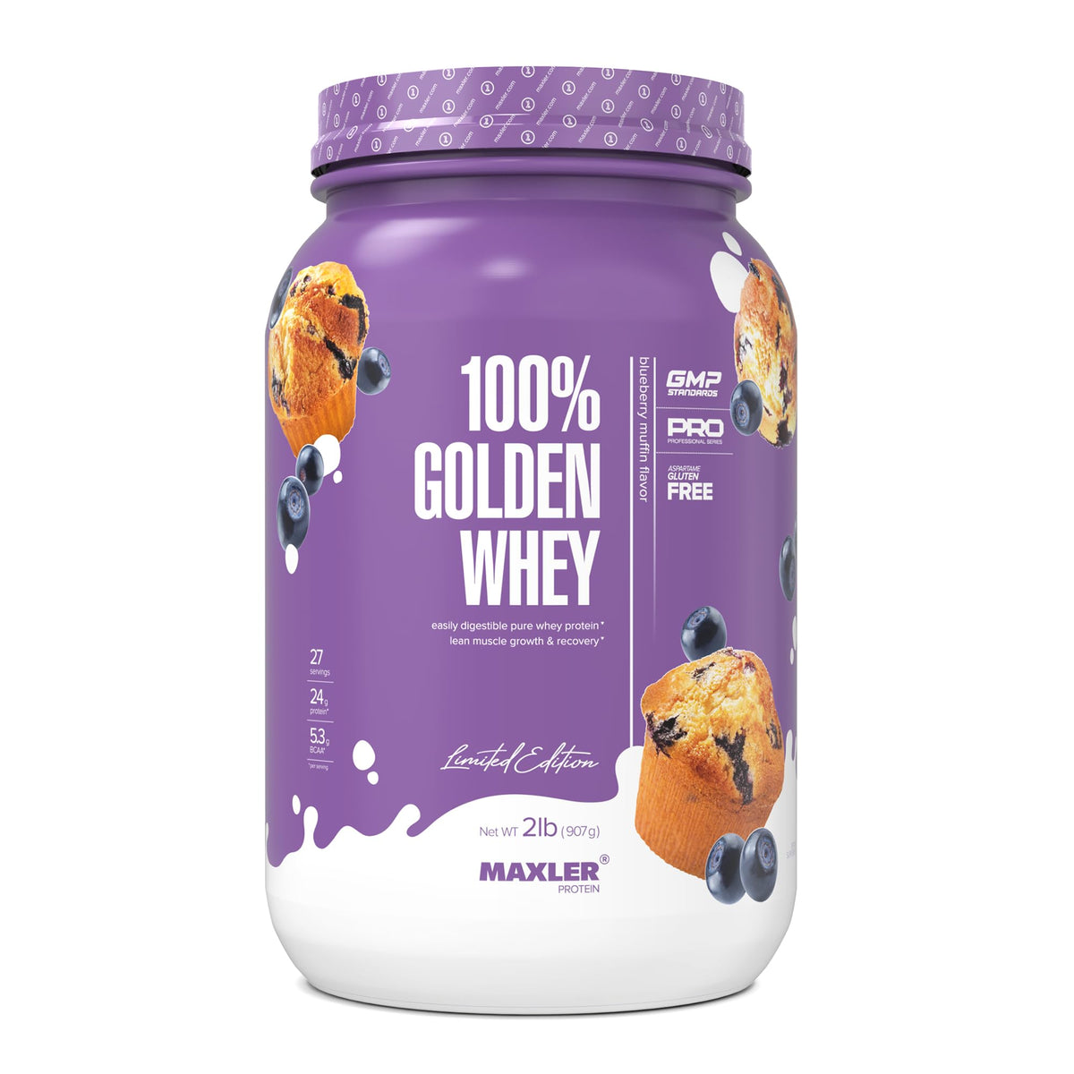 Maxler 100% Golden Whey Blueberry Muffin powder tub for high-protein shakes.