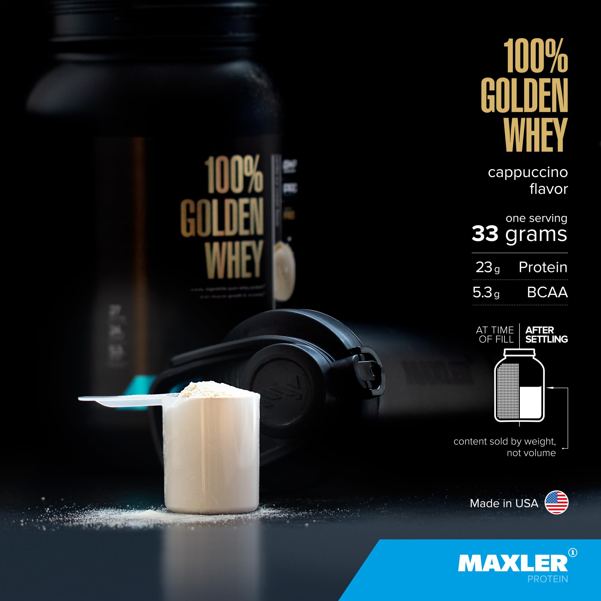 Maxler 100% Golden Whey cappuccino mixed in glass with silky shake texture.