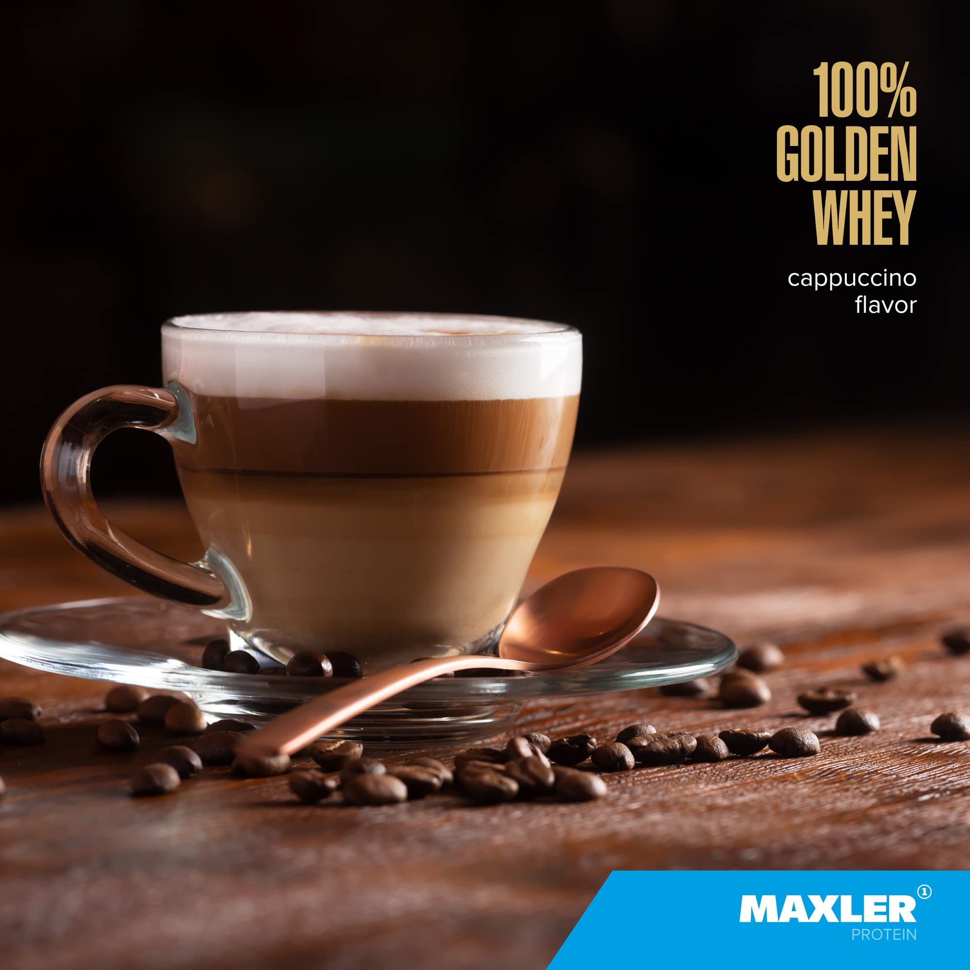 Maxler 100% Golden Whey cappuccino serving scoop showing measured protein portions.
