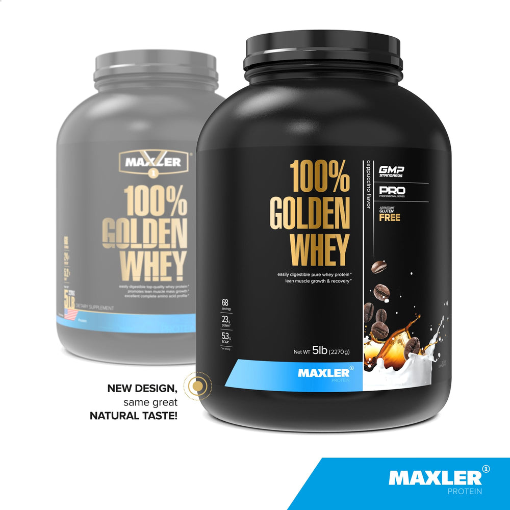 Maxler 100% Golden Whey cappuccino shaker pouring for a convenient post-workout shake.
