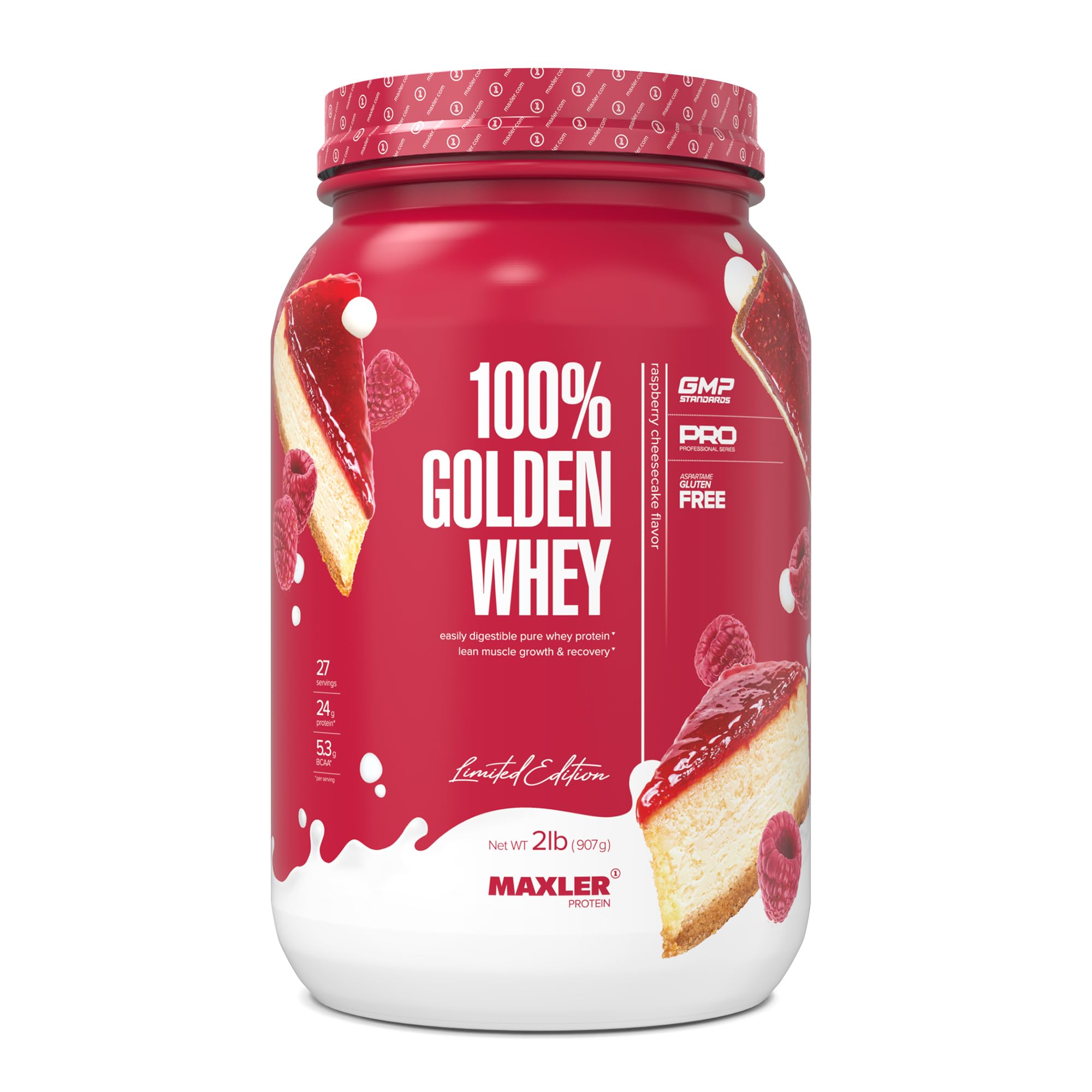Maxler 100% Golden Whey Raspberry Cheesecake packaging highlights premium whey blend for athletes.