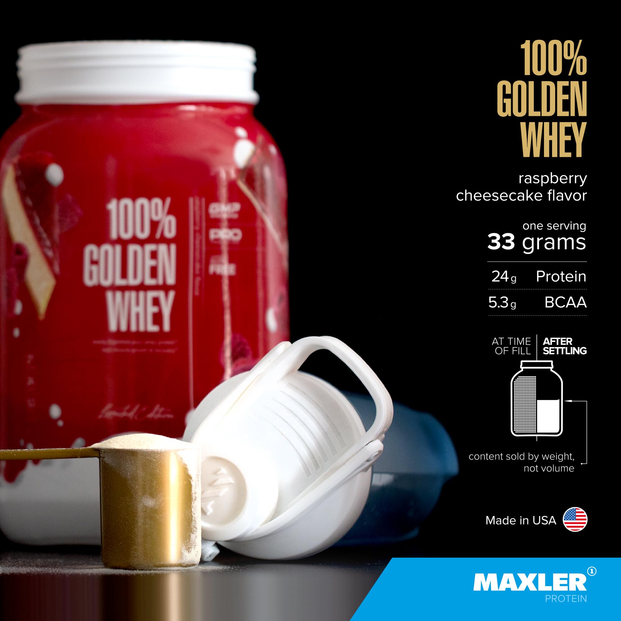 Maxler 100% Golden Whey scoop dispense image shows convenient serving size for workouts.