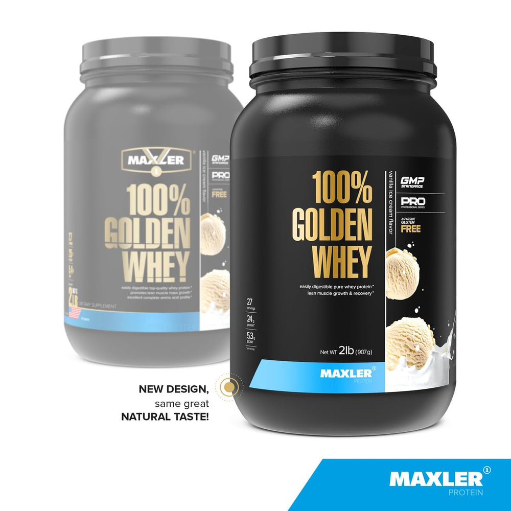 Maxler Golden Whey scoop showing easy serving after workouts.
